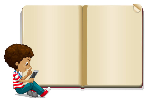Jongen lezen boek en boek met blanke pagina sjabloon - Vector, afbeelding