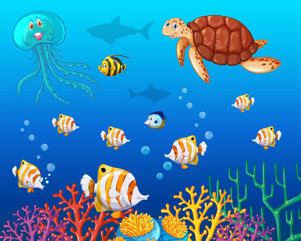 Many types of sea animals under the ocean - Vector, Imagen