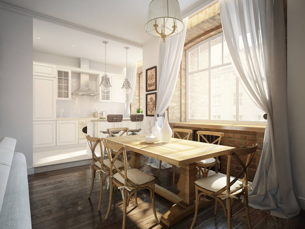 Modern Classic Traditional Dining room and White Kitchen - Foto, immagini