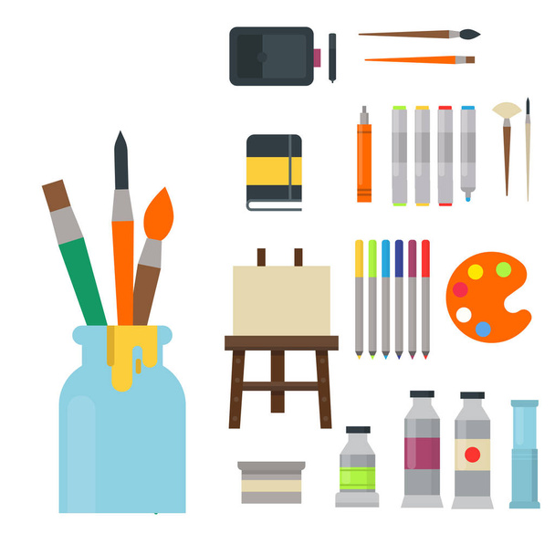 Paint Art Tools. Artistic Supplies, Painting And Drawing Materials,  Brushes, Paints, Easel, Creative Art Tools Vector Illustration Icons Set.  Paint Drawing Brush, Education Artistic Tool Royalty Free SVG, Cliparts,  Vectors, and Stock