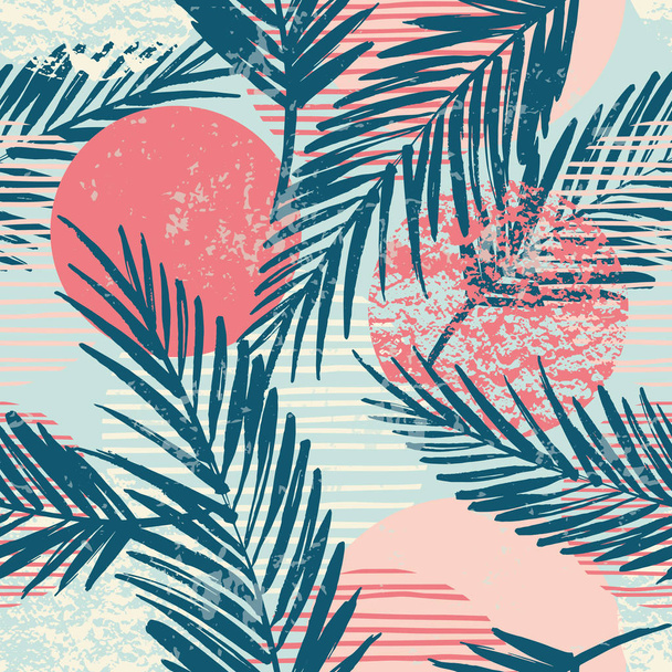 Trendy seamless exotic pattern with palm and geometric elements. - Vector, imagen
