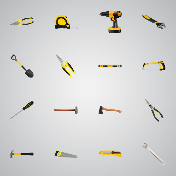Realistic Plumb Ruler, Wrench, Length Roulette And Other Vector Elements. Set Of Construction Realistic Symbols Also Includes Saw, Instrument, Noise Objects. - Vector, Image
