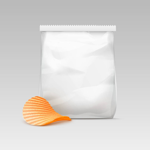 Vektor weiß vertikal versiegelt transparente Plastiktüte für Verpackungsdesign mit Kartoffelwelligkeit knusprige Chips in Nahaufnahme isoliert auf weißem Hintergrund - Vektor, Bild