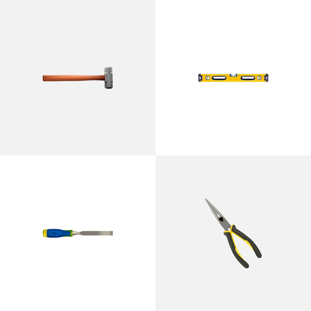 Realistic Carpenter, Plumb Ruler, Handle Hit Vector Elements. Set Of Construction Realistic Symbols Also Includes Noise, Long, Chisel Objects. - Vector, Image