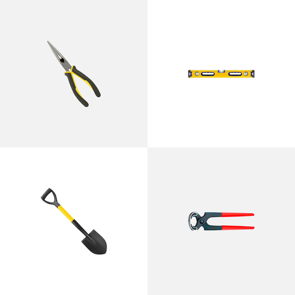 Realistic Spade, Plumb Ruler, Nippers And Other Vector Elements. Set Of Instruments Realistic Symbols Also Includes Long, Shovel, Spade Objects. - Vector, Image