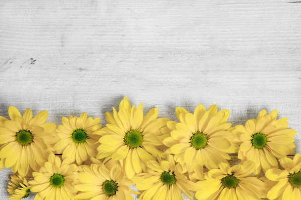 Tuin bloemen over geschilderde houten tafel achtergrond. Achtergrond met kopie ruimte. Mooie bloemen op houten achtergrond, florale achtergrond, Bloemenrand. - Foto, afbeelding