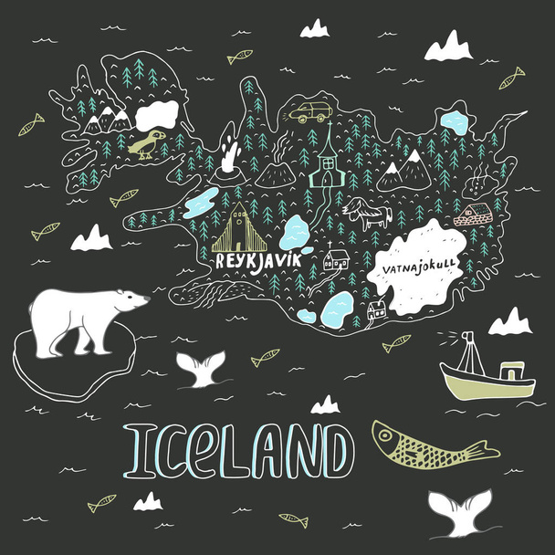 Island rukou nakreslené karikatuře mapu. Vektorové ilustrace s cestování památky, zvířata a přírodní jevy. - Vektor, obrázek