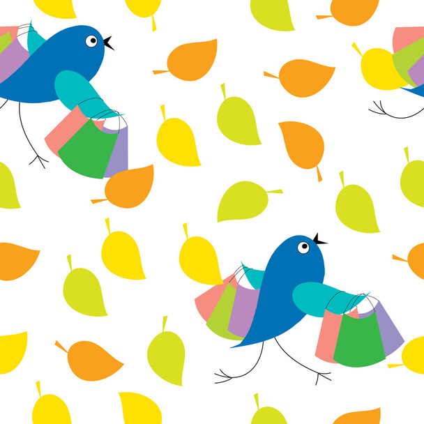 Seamless texture of leaves with birds - Vector, imagen