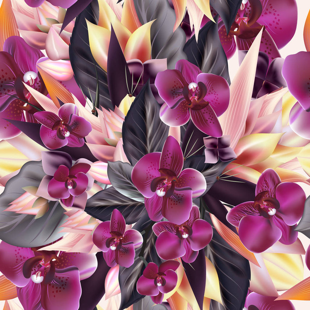 Moda, tropikalny wzór z storczyków kwiaty i liście - Wektor, obraz