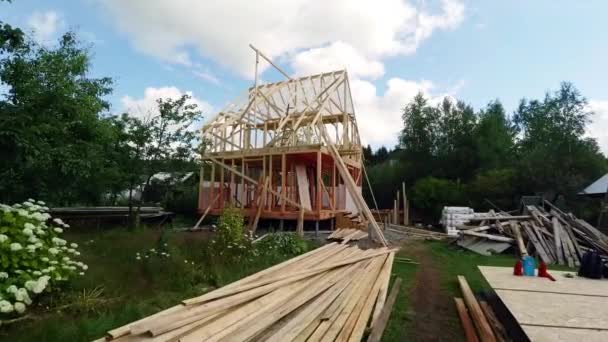 The frame of the wooden house. Building. 4K. - Záběry, video