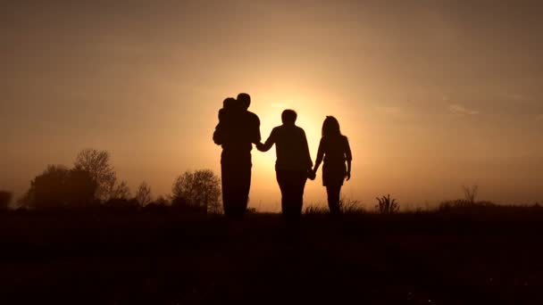 Familie silhouetten op spirng zonsondergang in de weide - Video