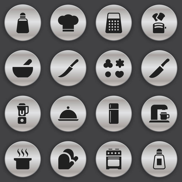 Σύνολο των 16 εικονίδια δυνατότητα επεξεργασίας τροφίμων. Περιλαμβάνει σύμβολα όπως αλατιέρα, σπαθί, δίσκος και περισσότερο. Μπορεί να χρησιμοποιηθεί για Web, Mobile, Ui και σχεδίασης γραφήματος. - Διάνυσμα, εικόνα