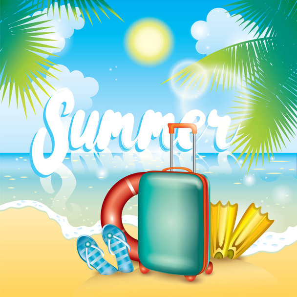 Summer illustration with a suitcase, flaps, fins and a life ring. Vacation and rest. Multicolored beautiful drawing with summer objects, sea and beach. - Vektör, Görsel