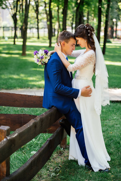 Bride and groom hugs in the park. Groom embraces the bride. Wedding couple in love at wedding day - Foto, afbeelding