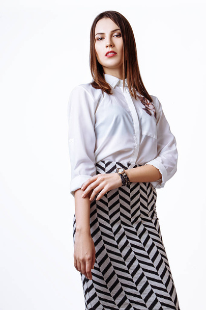 Beautiful woman glamor model business office fashion clothes wear casual style. - Fotoğraf, Görsel