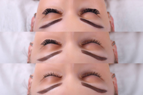 Eyelash Extension Procedure. Comparison of female eyes before and after. - Photo, Image