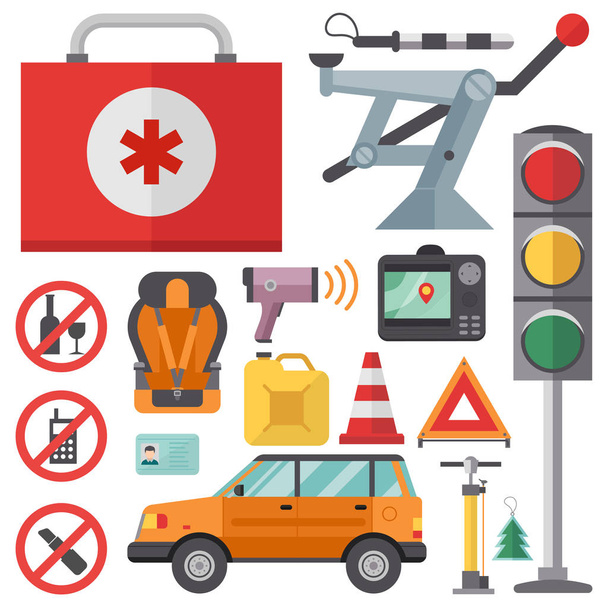 Auto transporte motorista icono símbolo vehículo equipo servicio coche conductor herramientas vector ilustración
. - Vector, Imagen