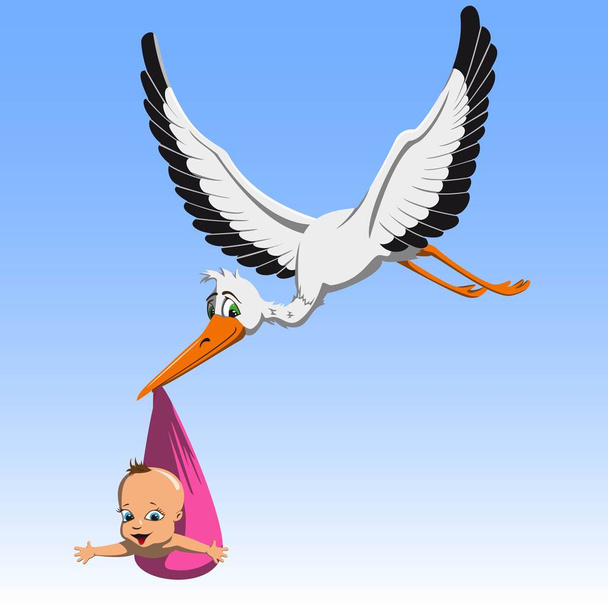  Мультфильм Милый аист вынашивает ребенка
  - Вектор,изображение