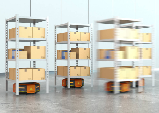 Oranssi robotti kuljettaa kuormalavoja tavaroiden kanssa modernissa varastossa
 - Valokuva, kuva
