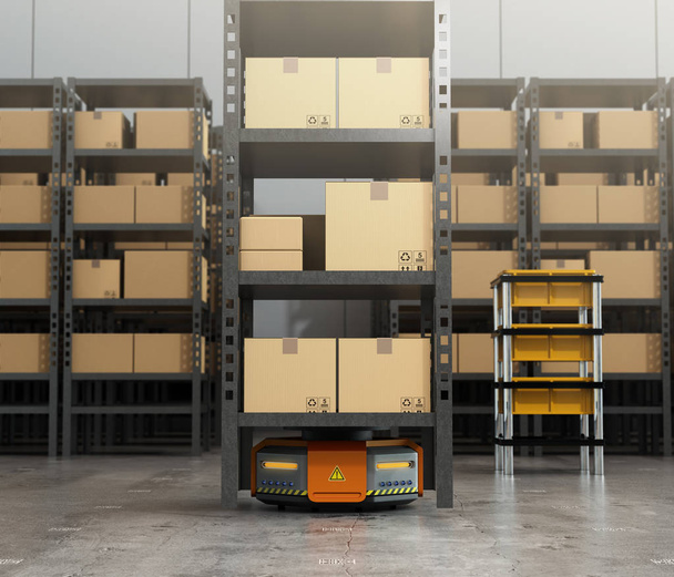 Robots anaranjados que transportan paletas con mercancías en almacén moderno
 - Foto, imagen