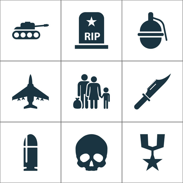 Leger Icons Set. Collectie van Order, vluchteling, vliegtuigen en andere elementen. Ook symbolen zoals mes, Grave, vliegtuigen. - Vector, afbeelding