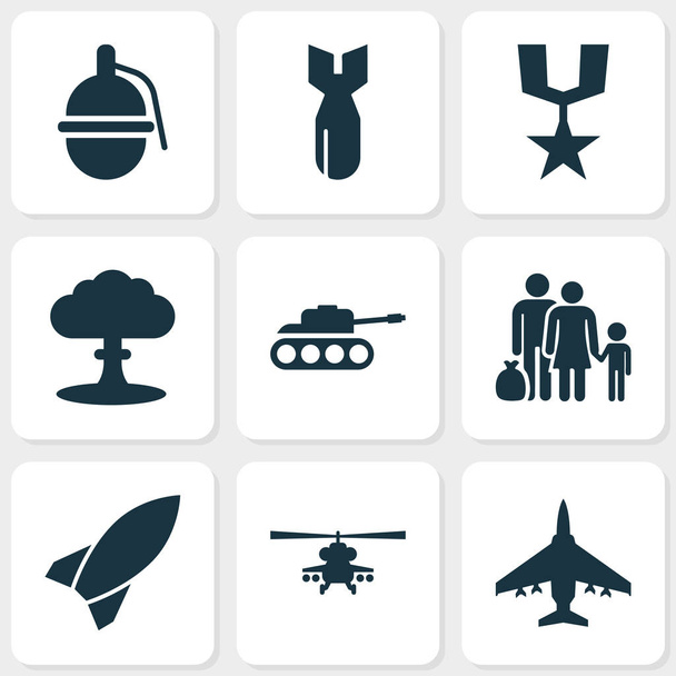 Harci ikonok beállítása. Repülőgép bombázó, Panzer és más elemek gyűjteménye. Magában foglalja a szimbólumok bombázó, Panzer, Gong. - Vektor, kép