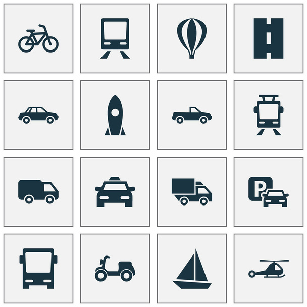 Transportsymbole gesetzt. Sammlung von Automobil, Cabrio, Van und anderen Elementen. umfasst auch Symbole wie Auto, Fahrrad, Autobahn. - Vektor, Bild