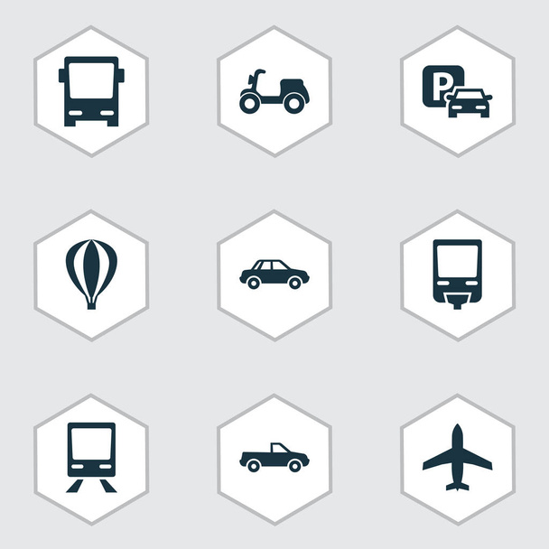 Transport Icons Set. Collection Of Automobile, Airship, Railroad And Other Elements. Also Includes Symbols Such As Railway, Omnibus, Train. - Vecteur, image