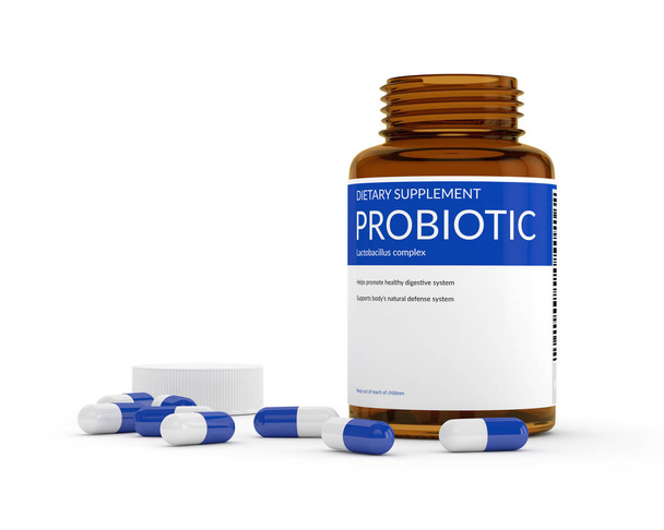 3d render of probiotic pills in bottle - Foto, Bild