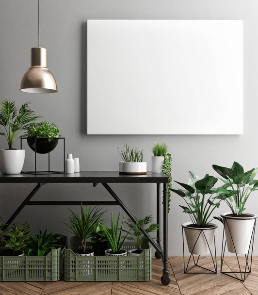 Interior poster mock-up with empty frame and plants in the room - Valokuva, kuva