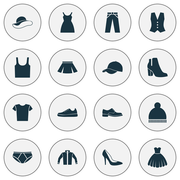 Jurk Icons Set. Collectie van hiel schoeisel, elegantie, Sneakers en andere elementen. Ook bevat symbolen zoals Casual, onderbroeken, jurk. - Vector, afbeelding
