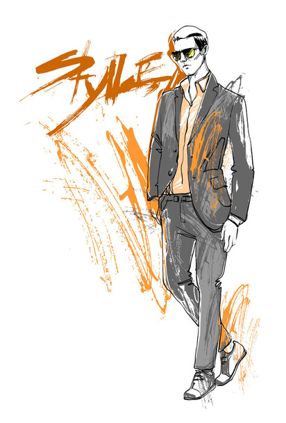 ショッピング販売ファッション コレクション スタイル モデル男性着用エレガントな服割引スケッチ - ベクター画像