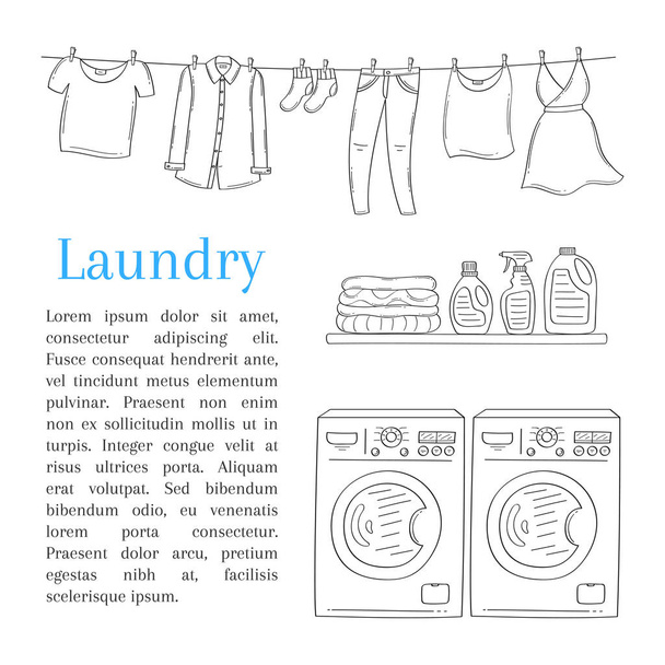 Laundry room vector illustration, hand drawn sketch style. - Vector, Image