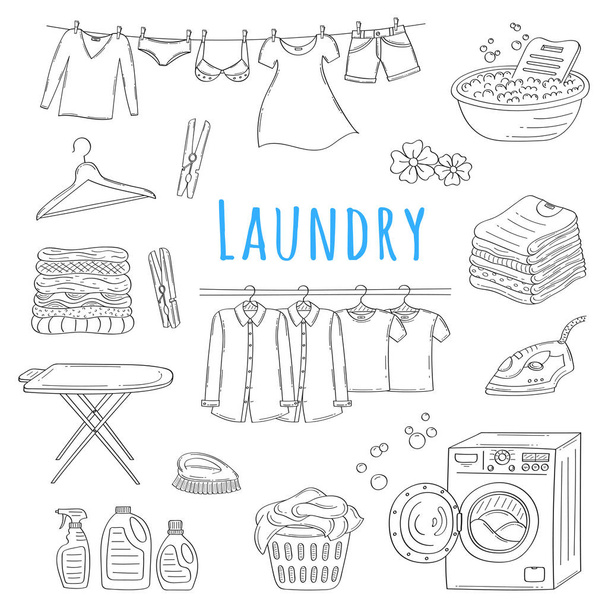 Servizio di lavanderia disegnato a mano doodle icone set, illustrazione vettoriale
. - Vettoriali, immagini