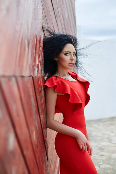 Sexy brunette woman in a red dress is standing near the red gate - Zdjęcie, obraz