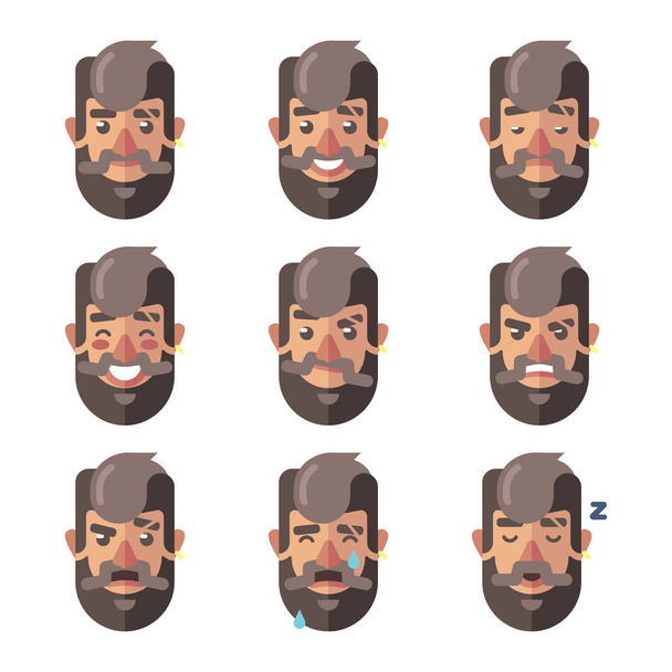 Sakallı hippi erkek yüz ifadeleri. Erkek karakter duygular. Vektör karikatür çizim - Vektör, Görsel