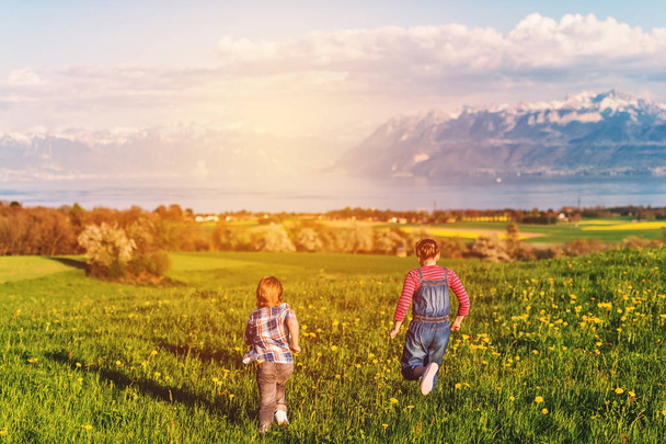 Δύο παιδιά, μικρό αδελφό και την αδελφή του big, παίζουν μαζί σε εξωτερικούς χώρους σε ελβετικό πεδία με θέα στη λίμνη της Γενεύης και γαλλικά βουνά Haute-Savoie. Εικόνα που λαμβάνεται στην περιοχή της Λωζάνη, Βοντ, Ελβετία - Φωτογραφία, εικόνα