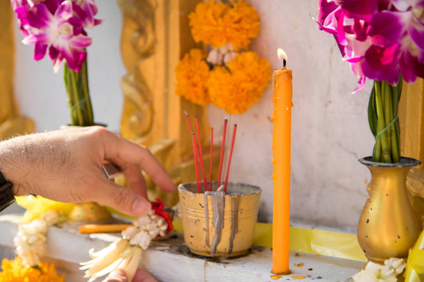 flower, incense, candle for dead man in buddhism culture - Photo, Image