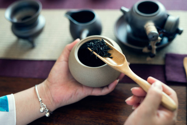 Asian tea set on wooden table - Φωτογραφία, εικόνα