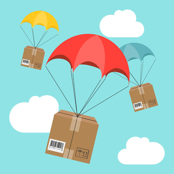 Delivery service. Parachute with parcel in the sky. Shipping - Vector, Image