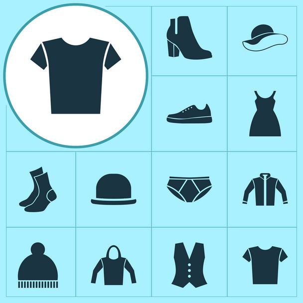 Dress Icons Set. Collection Of Waistcoat, Dress, Female Winter Shoes And Other Elements. Also Includes Symbols Such As Sweatshirt, Vest, Elegant. - Vector, Image