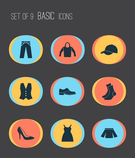 Dress Icons Set. Collection Of Sweatshirt, Trilby, Heel Footwear And Other Elements. Also Includes Symbols Such As Shoes, Male, Socks. - Vector, Image