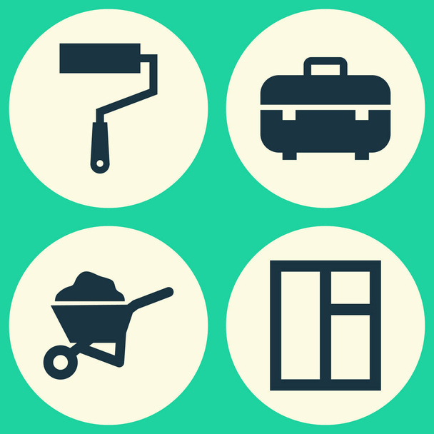 Building Icons Set. Collection Of Glass Frame, Carry Cart, Equipment And Other Elements. Also Includes Symbols Such As Window, Toolbox, Wheelbarrow. - Vector, Image