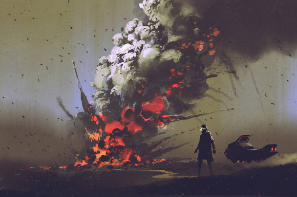  людина зі своїм транспортним засобом дивиться на вибух бомби на землі
 - Фото, зображення