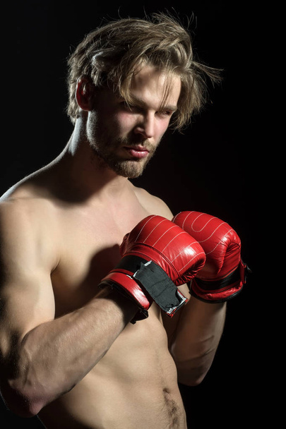 Jolie boxeuse sexy. Homme nu en gants rouges de boxe à l'entraînement. Beau boxeur avec des cheveux et une barbe à la mode. Modèle pour la publicité sportive, entraîneur ou gymnase
 - Photo, image