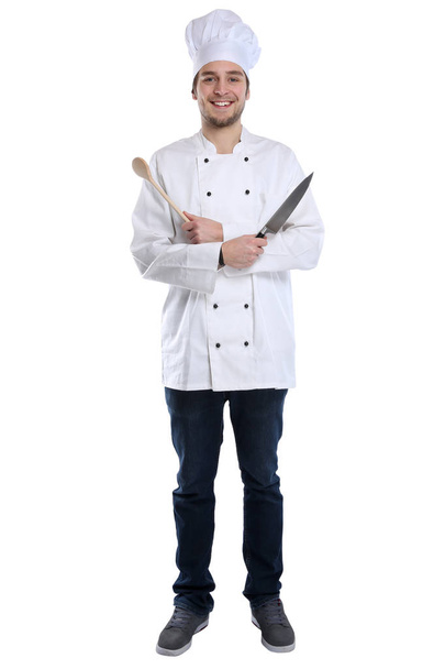 Cook apprentice trainee cooking with knife standing full body jo - Fotó, kép