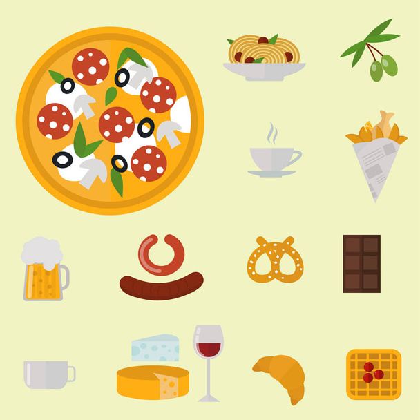 European tasty food cuisine dinner food showing delicious elements flat vector illustration. - Vector, Image
