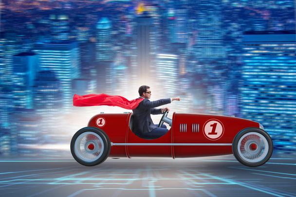 Superbohater biznesmen jazdy rocznika roadster - Zdjęcie, obraz