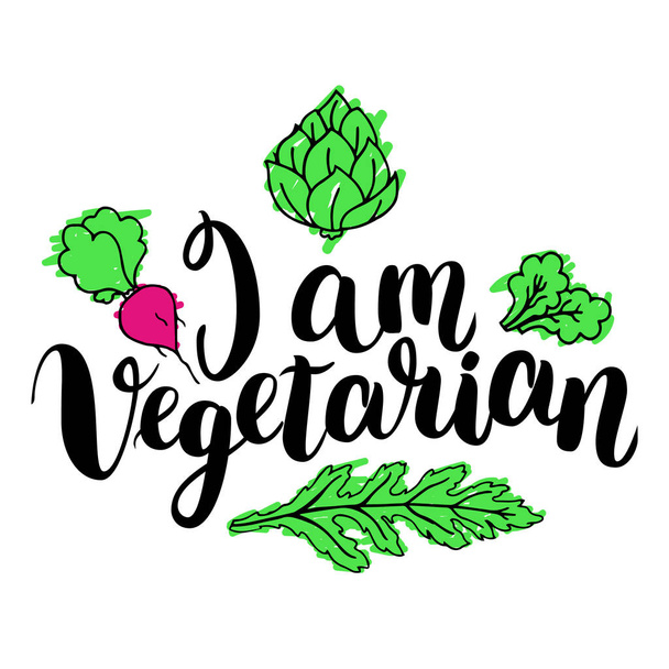 Jsem vegetarián/ka. Inspirativní citát o vegetariánské. Moderní kaligrafie frázi s rukou nakreslené apple. Ručně psané písmo pro tisk a plakát. - Vektor, obrázek