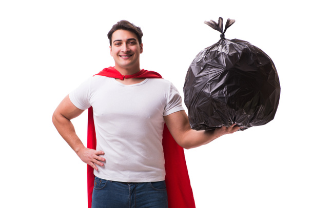 Homme super-héros avec sac poubelle isolé sur blanc
 - Photo, image